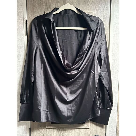 NEW Satin Collar Neck Drape Ruched Front Blouse M - Picture 6 of 6